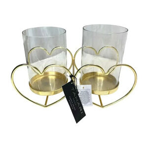 Tahari Gold Heart Clear Glass Set of 2 Pillar Candle Holders Valentines Decor